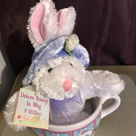 Dan Dee Collector's Choice white and pink stuffed bunny in 16 oz ceramic mug. - Picture 1 of 15